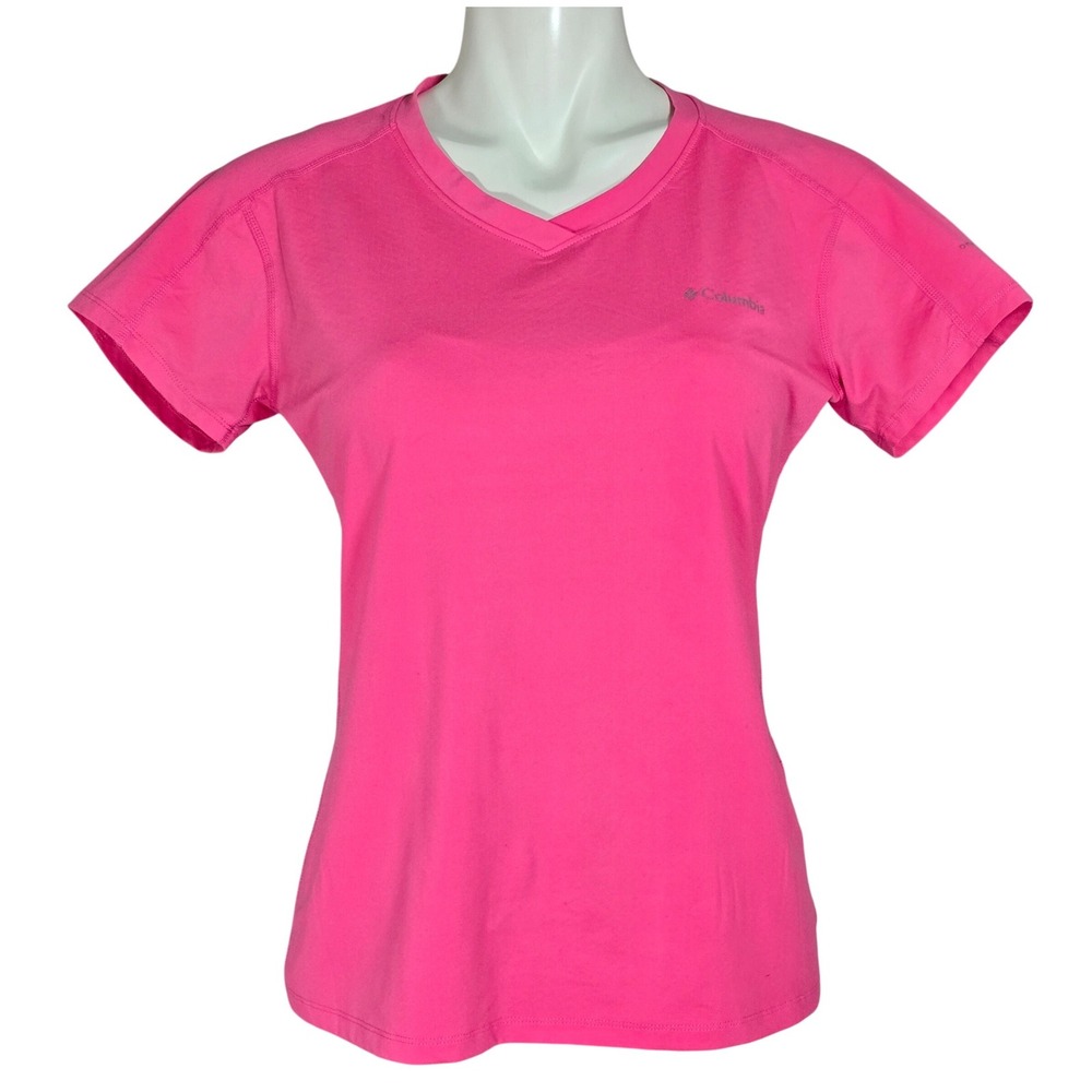 Columbia Women Omni-Freeze Zero Rules Technical V-Neck Hiking Shirt Pink Large